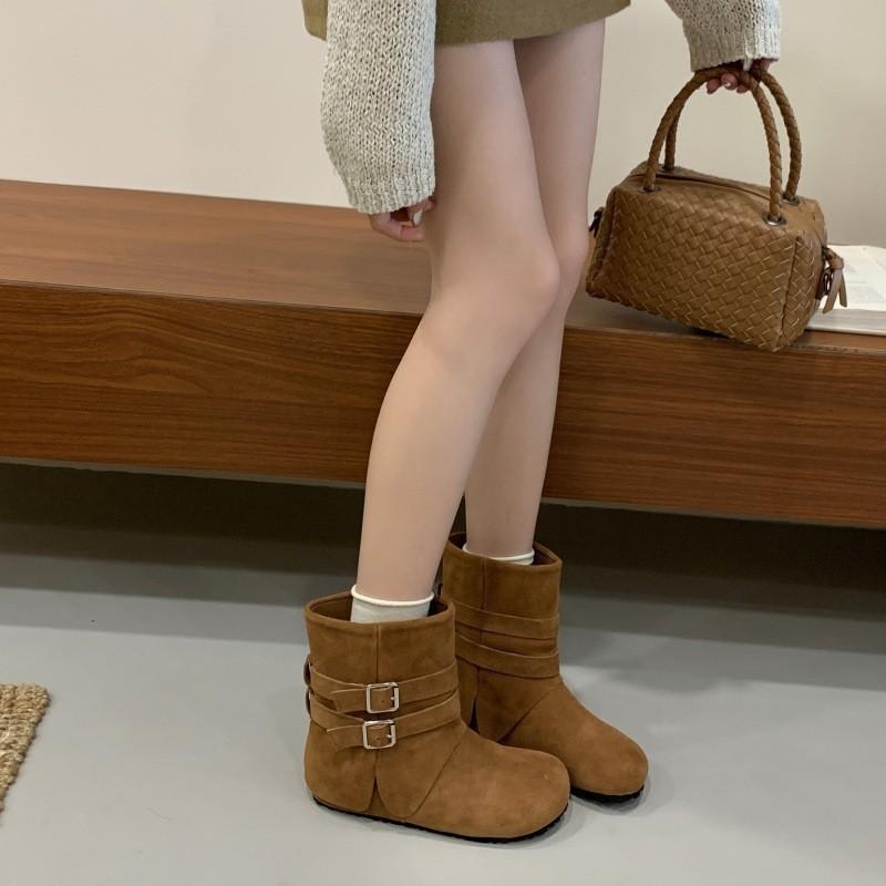 2025 Autumn and Winter New Retro Inner Height-increasing Short Boots Women's Round Head Soft-soled Stacking Boots Short Western Cowboy Boots