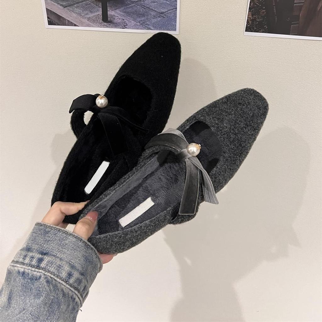 French Thick Heel Gray Single Shoes with Skirt Evening Shoes Women's Shoes 2025 Autumn and Winter Plush Mary Jane Fluffy Shoes