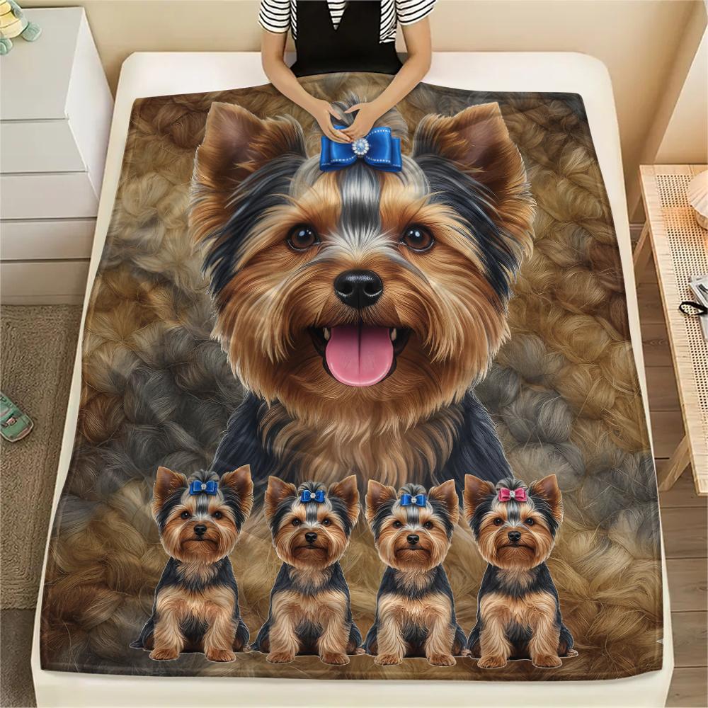 1Pc Yorkshire Terrier Schnauzer Print Flannel Blanket, High quality Comfortable for All Seasons, Home Decor, Warmth and Comfort, Perfect for Gifts