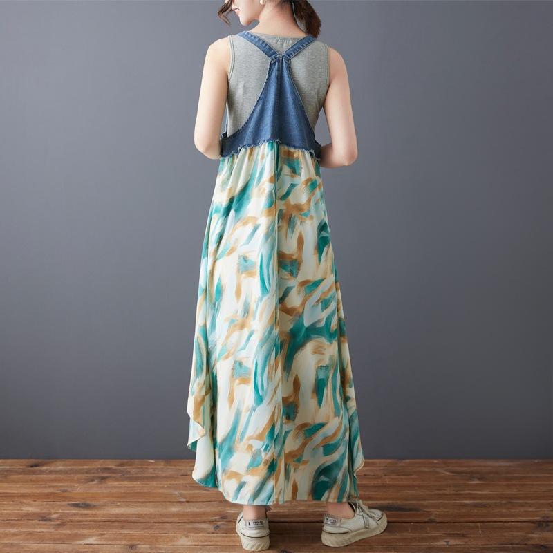 2025 summer dress new lotus leaf edge loose chiffon denim strap skirt women's design sense printing medium and long dress