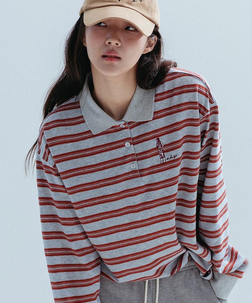 ANNEHEARTS Wide Stripe Collar Polo Tee_Gray