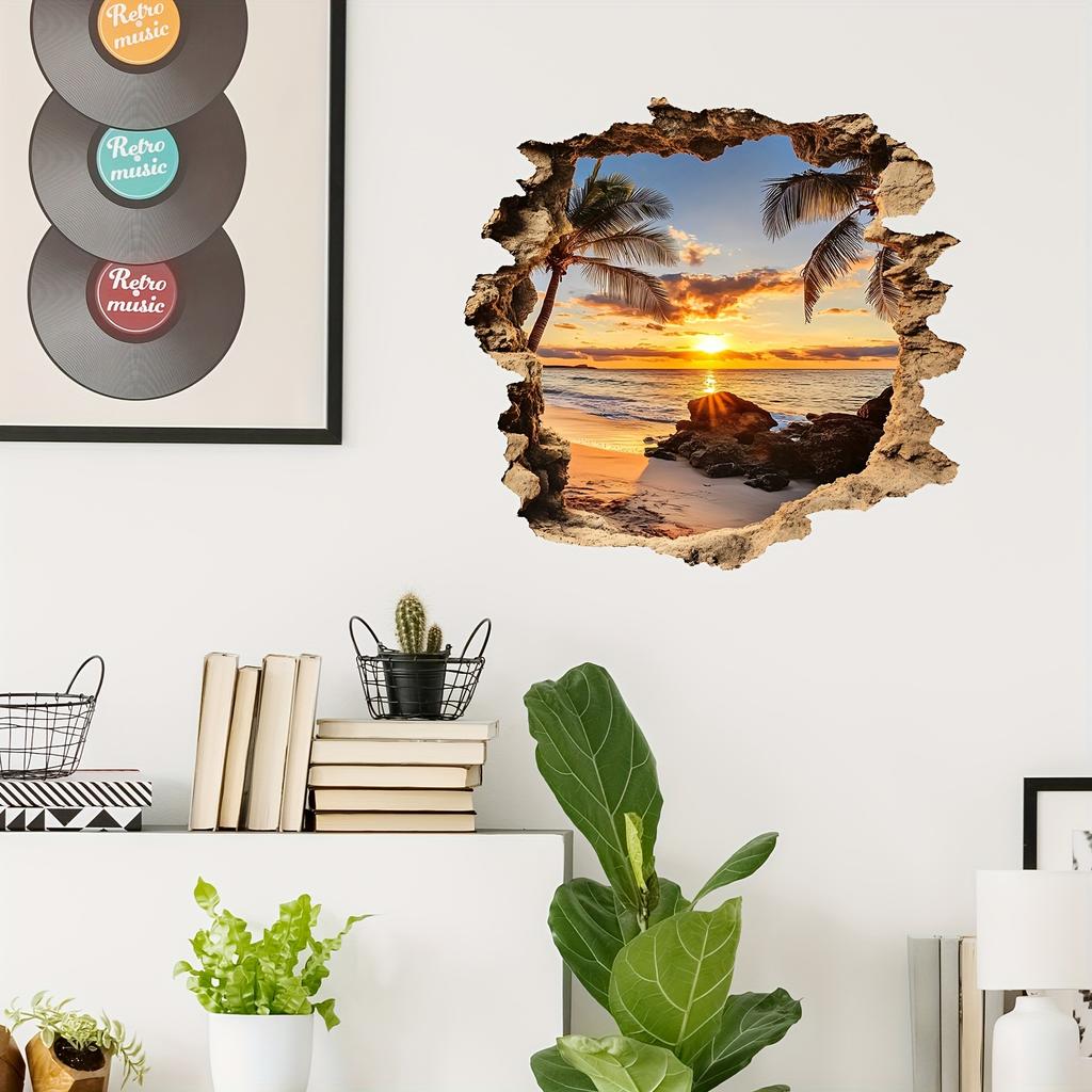 3D Break Through The Wall Beach Ocean Landscape Wall Decal Lifelike Wall Sticker PVC Irregular Shape Mural Background Wall Decor