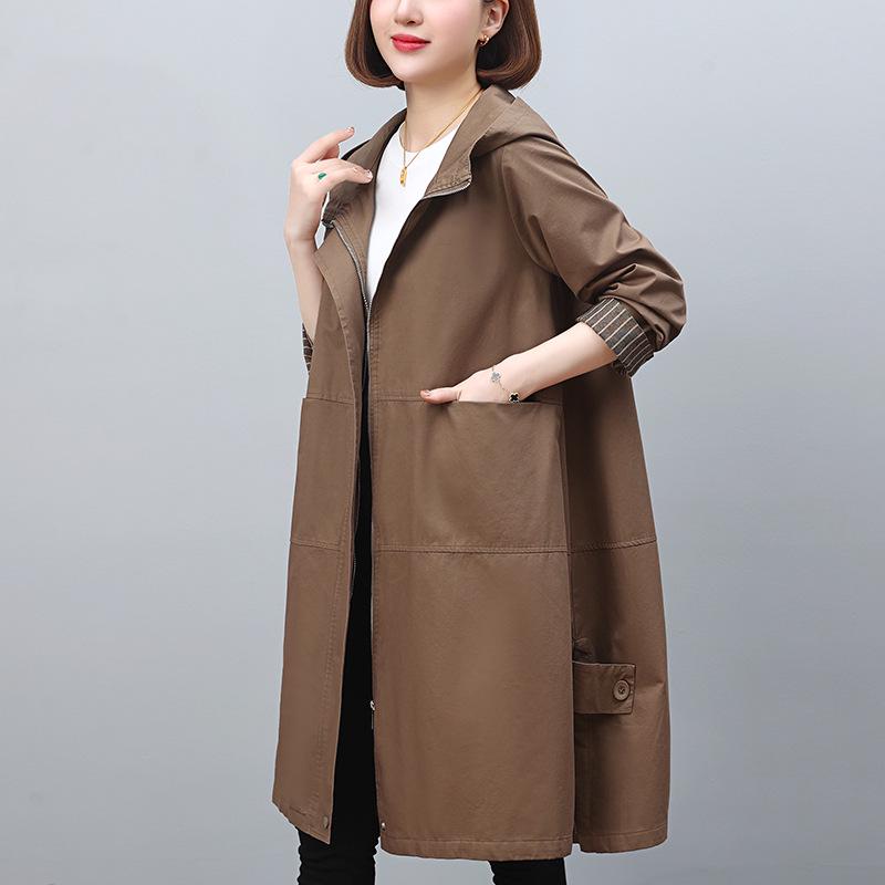 

Женский плащ-тренч средней длины с капюшоном 2024 для весны и осени - Элегантный повседневный стиль для женщин среднего и пожилого возраста XL (128-140 lbs)