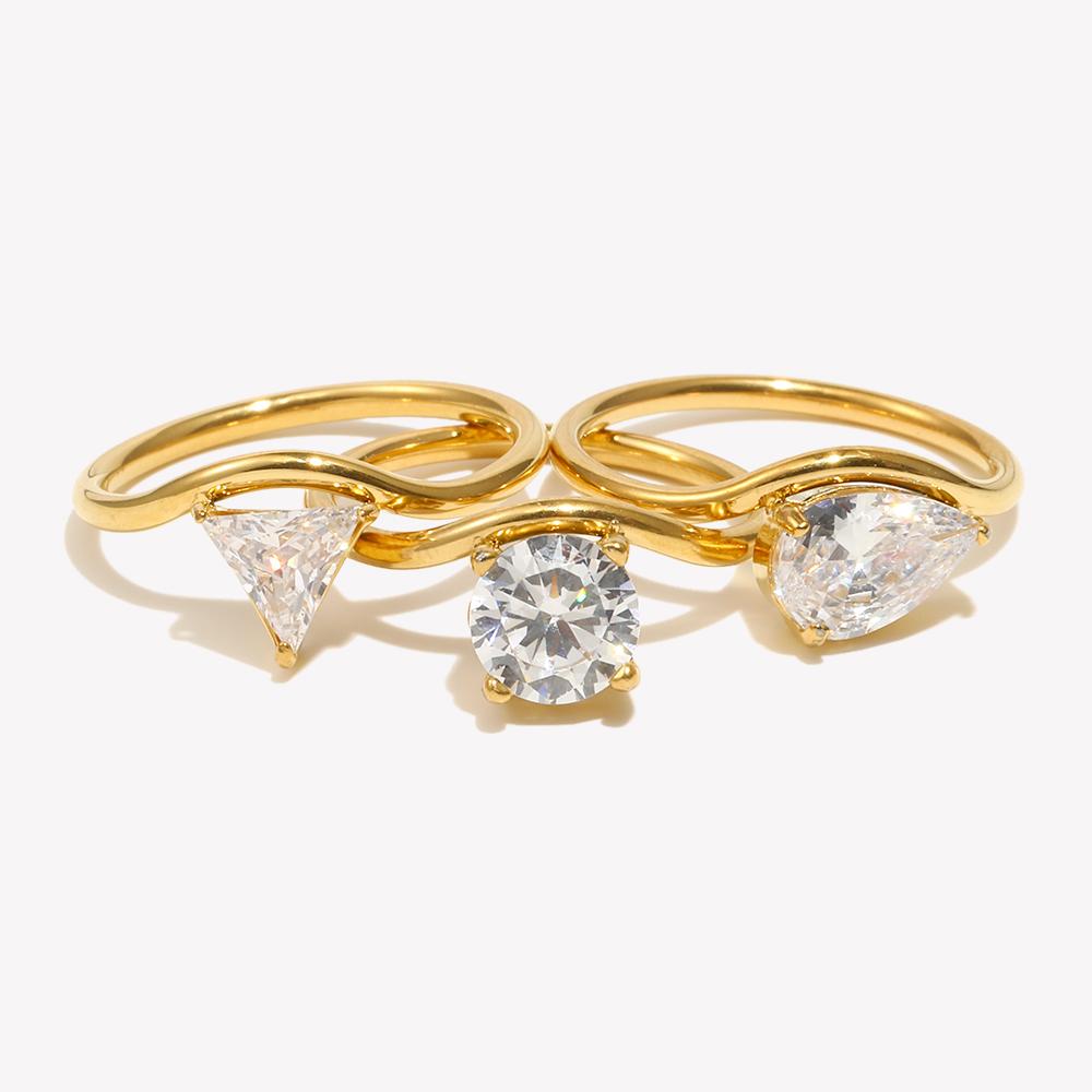 E.B.belle Wave Drop Round Zircon Ring Waterproof Minimalist 316L Stainless Steel Women's Rings 18K Gold Plated Accessories