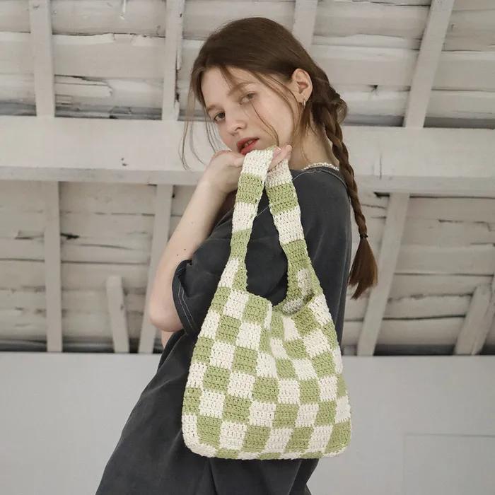No.02 / Checks Bag _ Lime (Checks Checkerboard Crochet Bag Knit Bag)