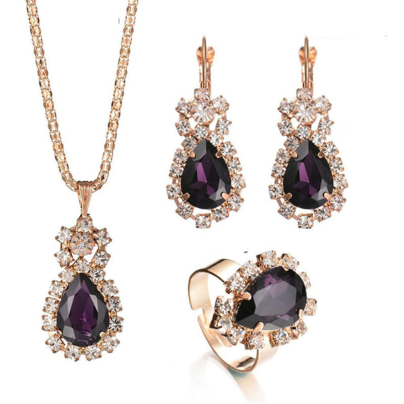 Fashion Women Water Drops Coloured Water Drill Necklace Earrings Ring Set Shining Bride Jewelry