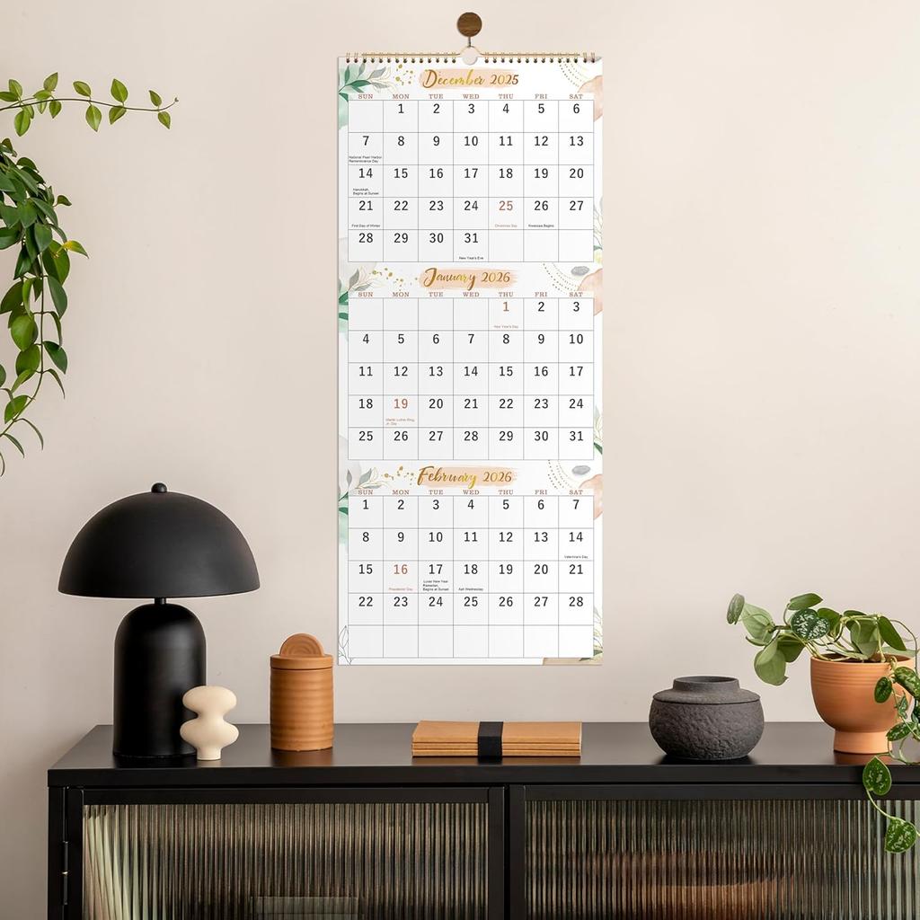 2026 Wall Calendar - 3 Month Calendar 2026 Vertical, 3 Month Wall Calendar, 11" X 26", December 2025 - January 2027, Calendar 2026, Large Monthly
