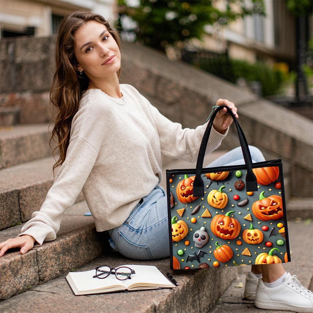 Halloween Pumpkin Print Tote Bag Funny Spooky Festival Handbag Portable Large Capacity Casual Carry Bag