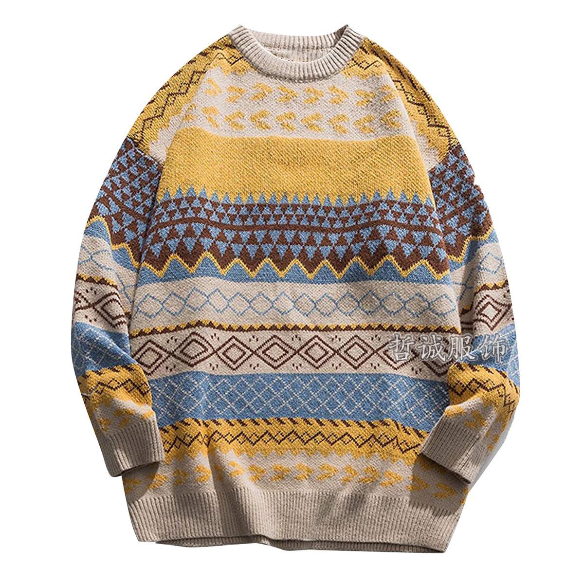 Европа и США женский свитер с круглым вырезом осень 2024 года женский свободный ретро национальный прилив пара вязаный свитер прилив XXL