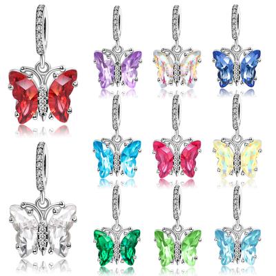Classical 925 Sterling Copper Red&Blue&Yellow&Pink&Green&White Cut Butterfly Dangle Charm Fit Original Branded Bracelet Zircon