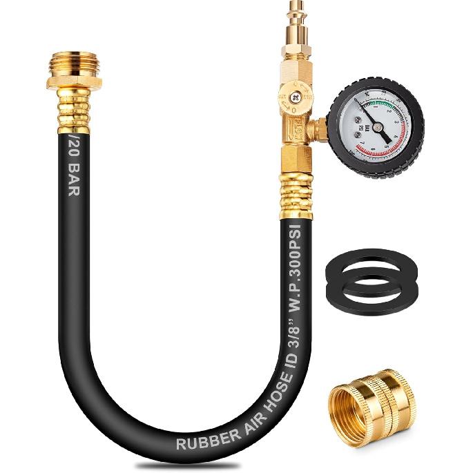 Dual Purpose RV Winterizing Kit With Pressure Gauge, 17Inch Hose Blow Out Fitting Adaptor 3/4" Male&Female GHT Quick Connect Blowout Plug For