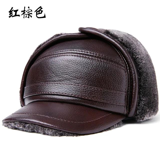 Winter Bomber Hat Men Russian Brown Leather Ushanka Cap With Ear Flaps Fur Warm Genuine Cow Leather Brand Baseball Cap