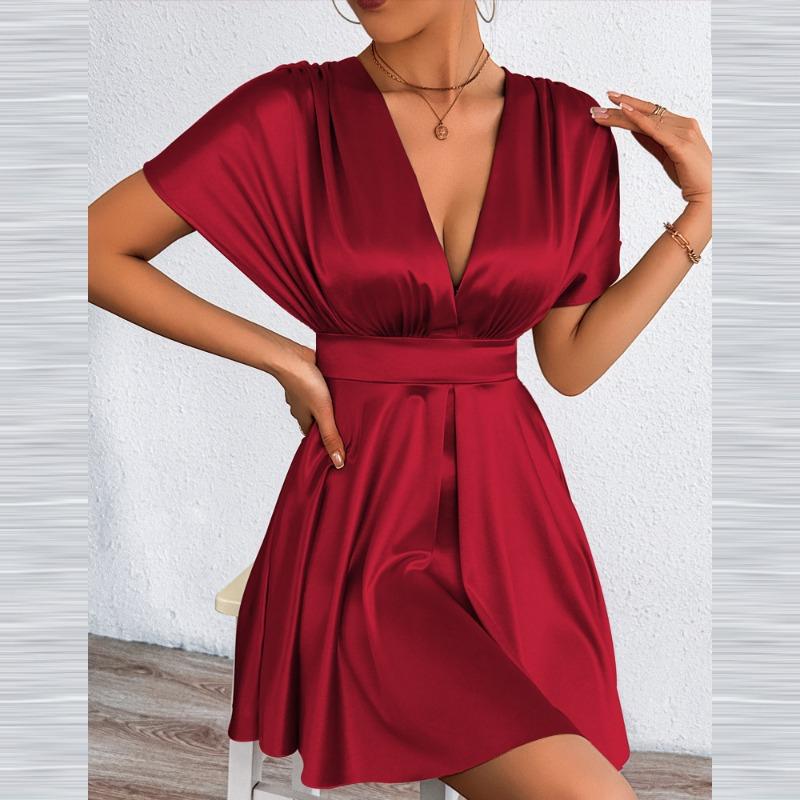IHUASU Women's Fashion Summer Spring Solid Color Print V-Neck Short Sleeve Casual Dresses