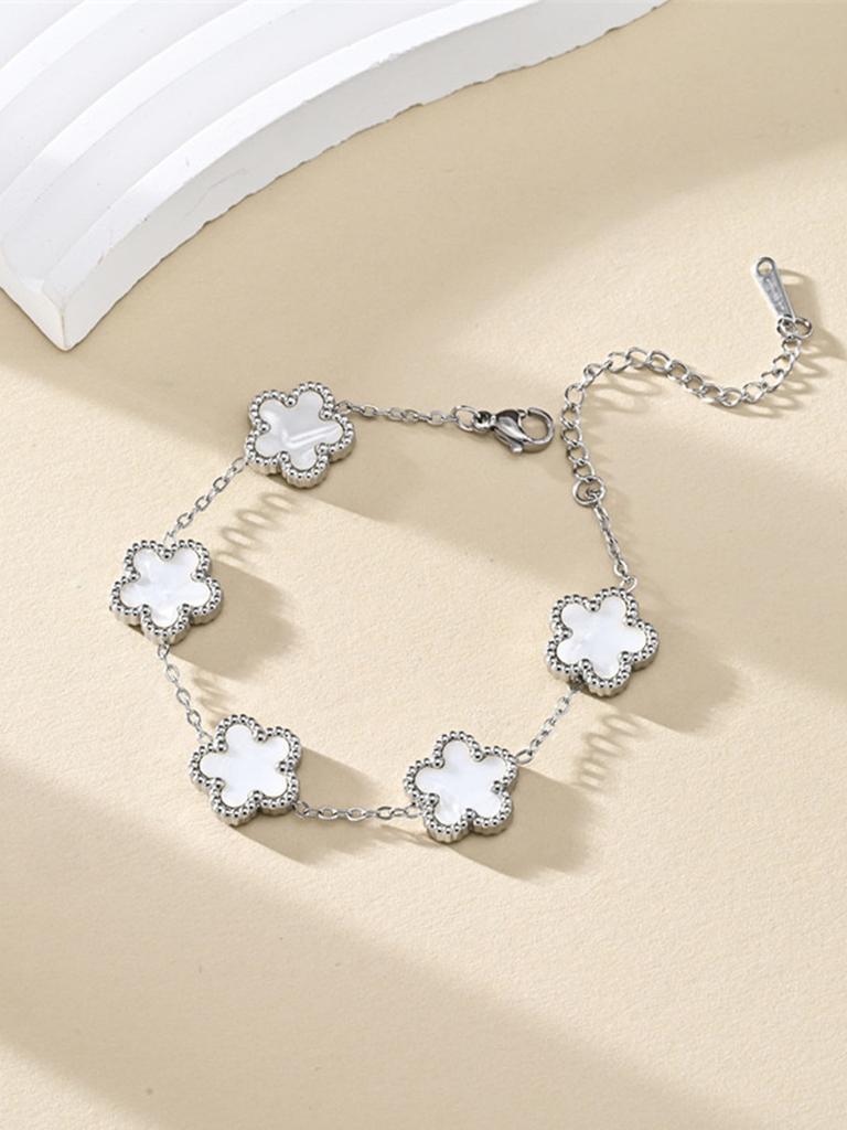 1 Piece Light Luxury Lucky Stainless Steel Five Flower Bracelet for Women's Daily Commuter Accessories, Clover Zircon Bracelet