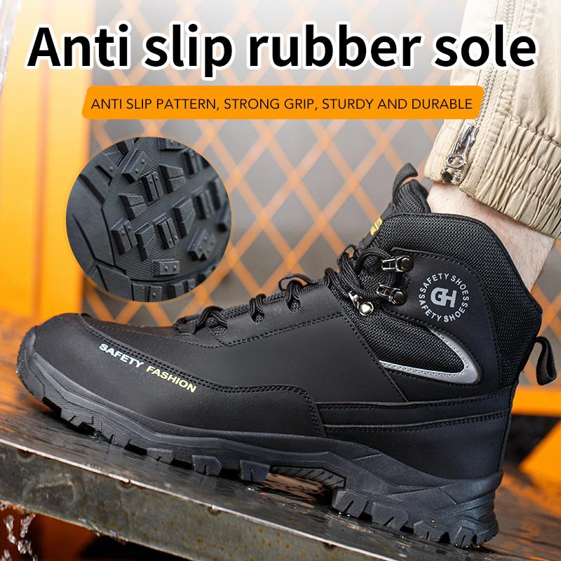 Mens Safety Shoes Steel Toe Boots Black Leather Work Shoes Waterproof Work Safety Boots Construction High Top Protective Boots