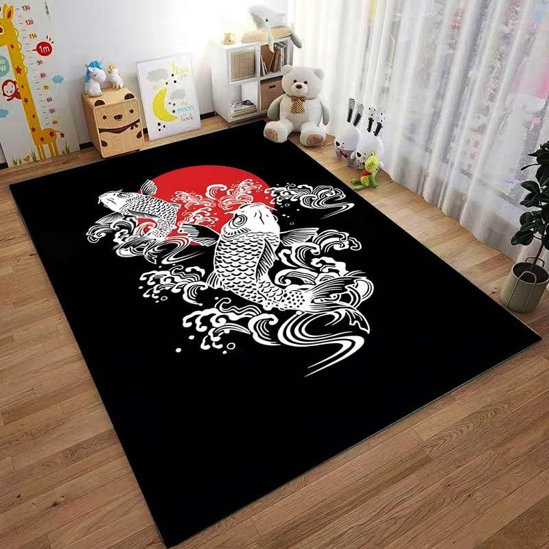 Koi Fish Rug with Wave Pattern and Red Sun Background Suitable for Use As an Anti-slip Game Mat for Living Room and Bedroom Sofas