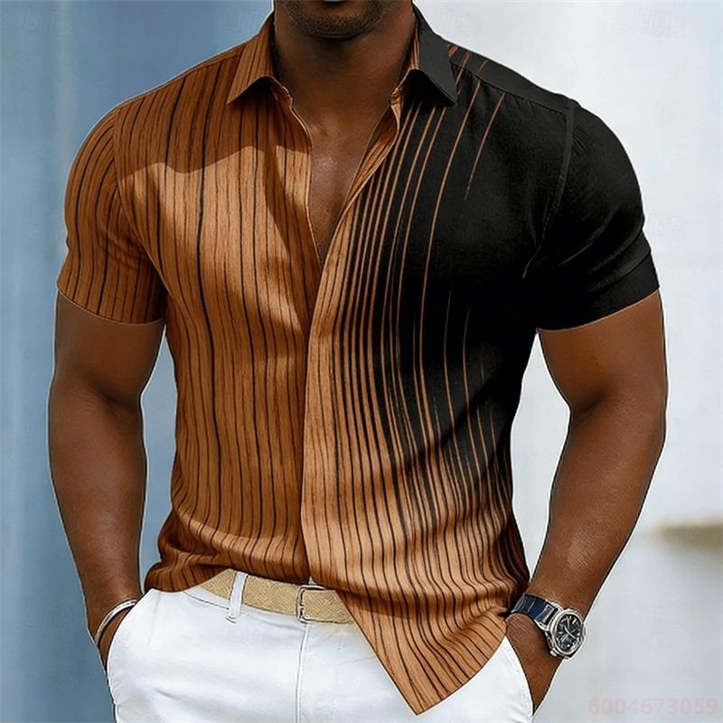 Herren Color-Blocked Abstrakt Gestreiftes Kurzarmhemd, Sommer Mode Lässiges Herrenhemd, Hawaiihemd