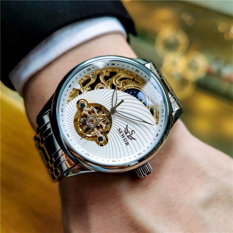 SEWOR Men's Semi-Automatic Skeleton Tourbillon Luminous Waterproof Retro Business Watch