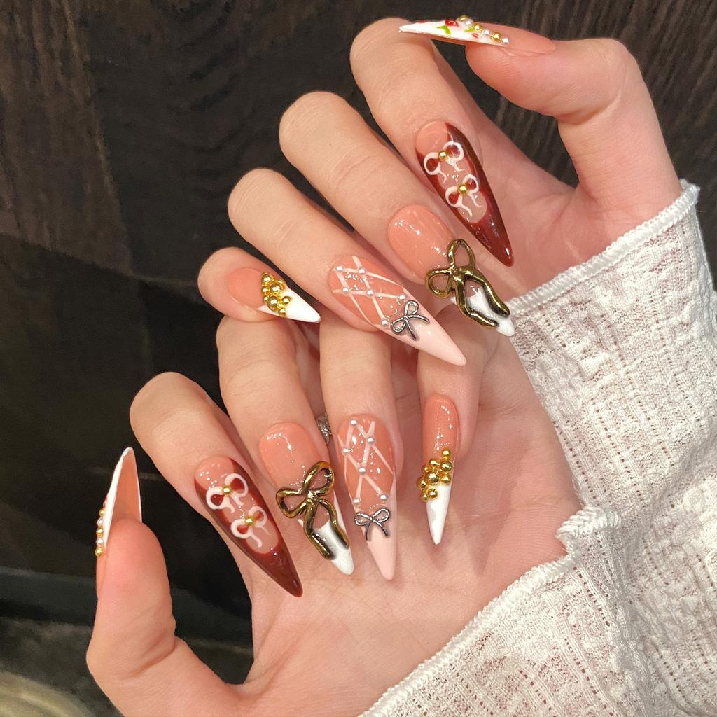 Tortoiseshell Press On Nails Long Red With Bowknot Design For Party Wedding