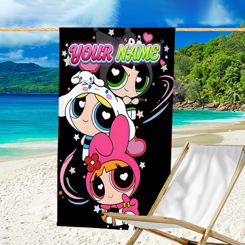 1pc Powerpuff Beach Towel with Custom Name, Beach and Seaside Swimming Pool Equipment, Fashion Pattern, Rectangular, Travel Essential