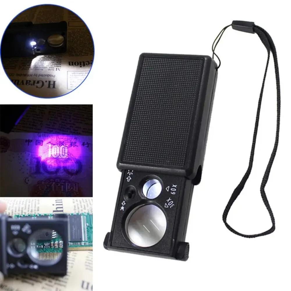 Handheld 30X 60X Magnifier with LED UV Light Mini Portable for Jewelry Inspection Currency Detection Coin Stamp Verification