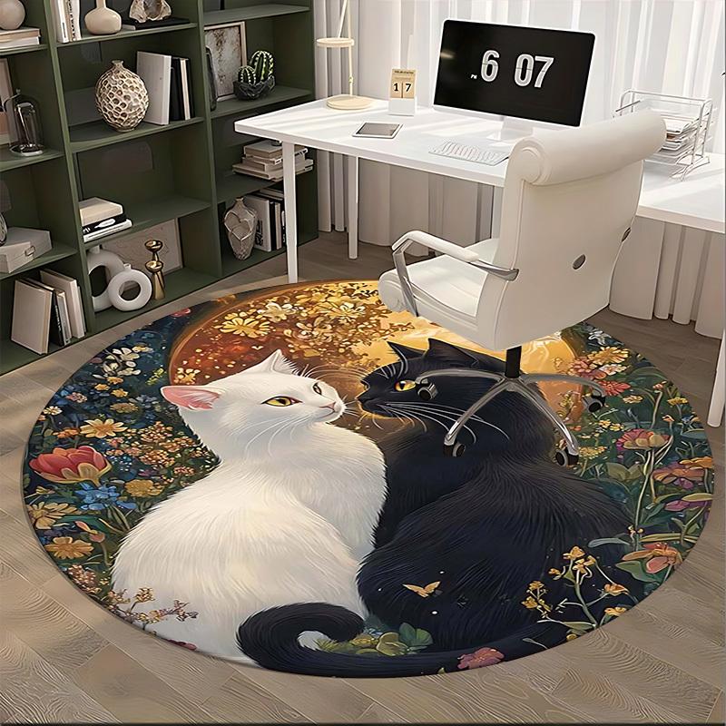 1pc Anime Design Round Carpet Office Chair Mat with Cats and Flowers, Non Slip Rug for Home Decor