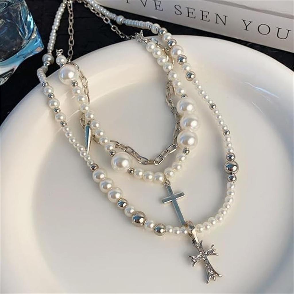 Goth Pearl Cross Necklaces for Women,Retro  Crystal Crucifix Pendant Choker Necklace,Chunky Pearl Beaded Stackable Necklaces Baptism Gifts