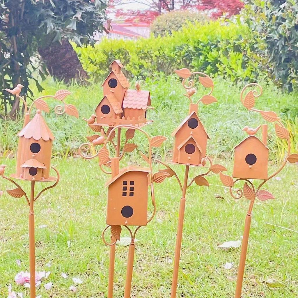 1pc Wrought Iron Art Bird House Shape Outdoor Garden Ground Insert for Outdoor Yard Patio Garden Decoration