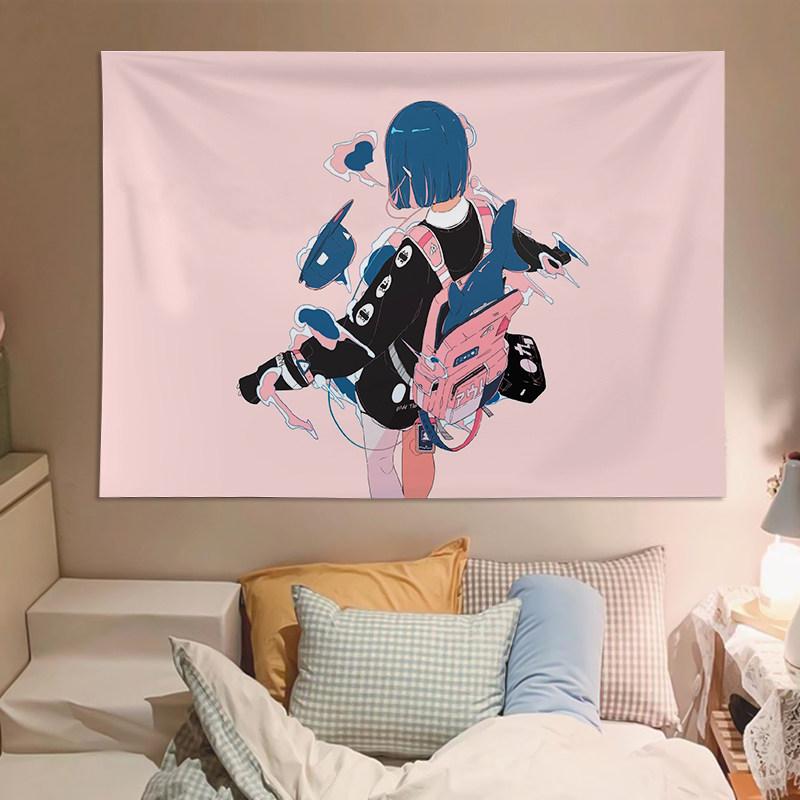 

Japanese Style Cute Girl Illustration Tapestry Decorative Wall Art for Bedroom Dormitory Headboard Creative Living Room Decor 74x94cm(29x37in)