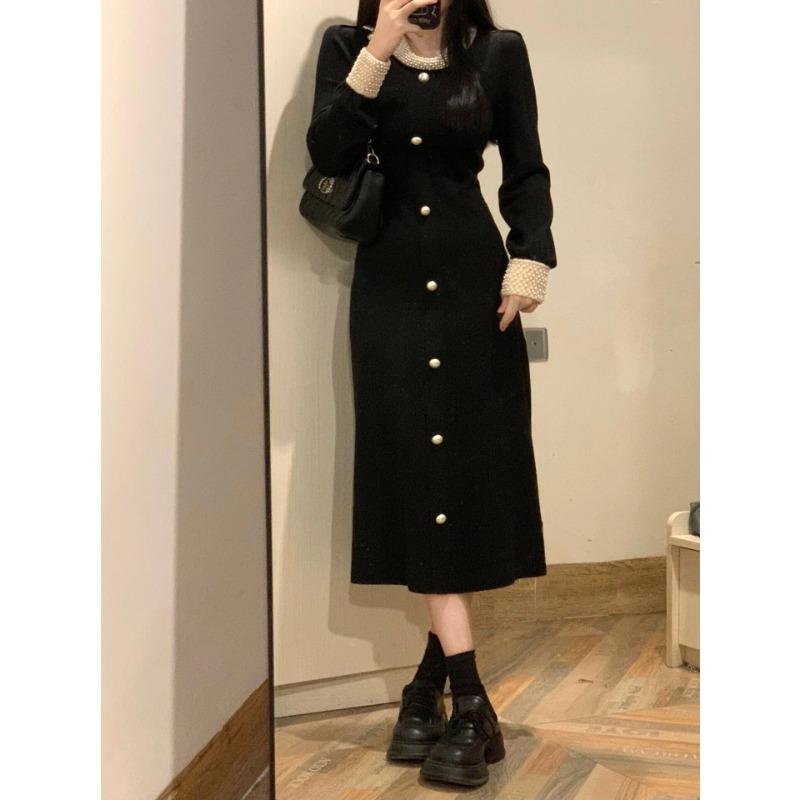 

Ранняя осень новая осенняя одежда богатая дочь высококлассное чувство носки темперамент черное вязаное платье XL чёрный