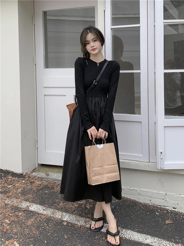 French Hepburn style hollowed-out knitted long-sleeved dress for women's spring and autumn new temperament slim and slim skirt
