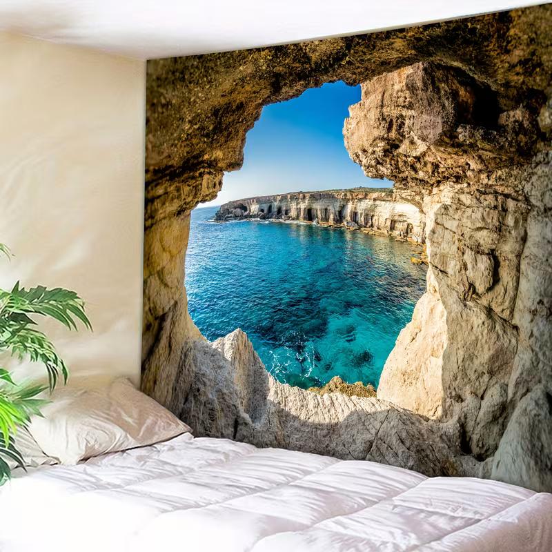 2D Summer Ocean Cave Landscape Tapestry, Nature Wall Hanging for Home