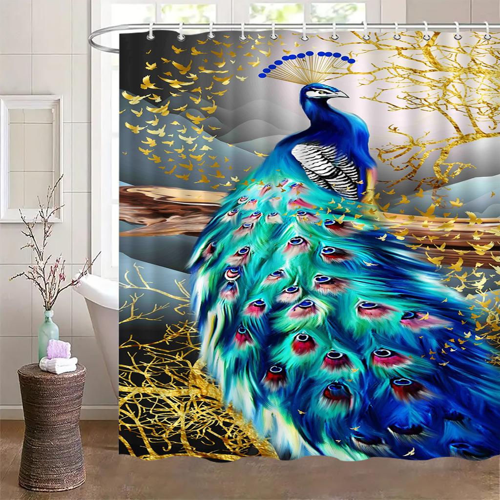 Peacock Shower Curtain Blue Gold Feather Art Elegant Bird Decor Luxury Bathroom Waterproof Fabric Bath Curtain Set Home