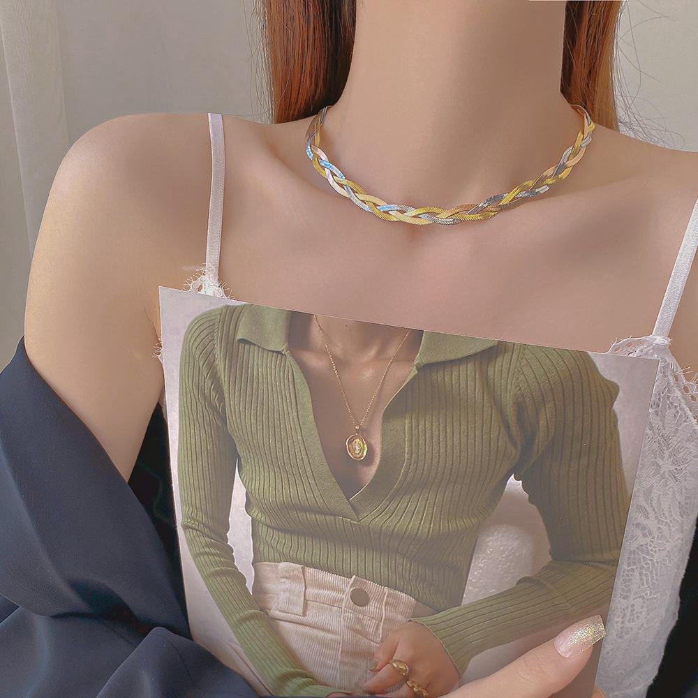 "Designer Hand-Woven Titanium Steel Women's Necklace: Trendy European & American Style Clavicle Chain"