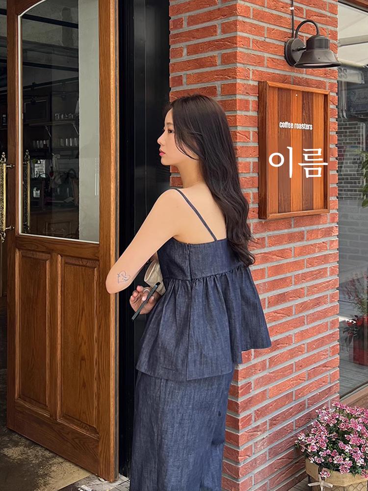 Jižní Korea Chic Letní Retro Temperament V-výstřih Džínové Cami + Vysoký Pas Široké Kalhoty Neformální Kalhoty Set Dámský