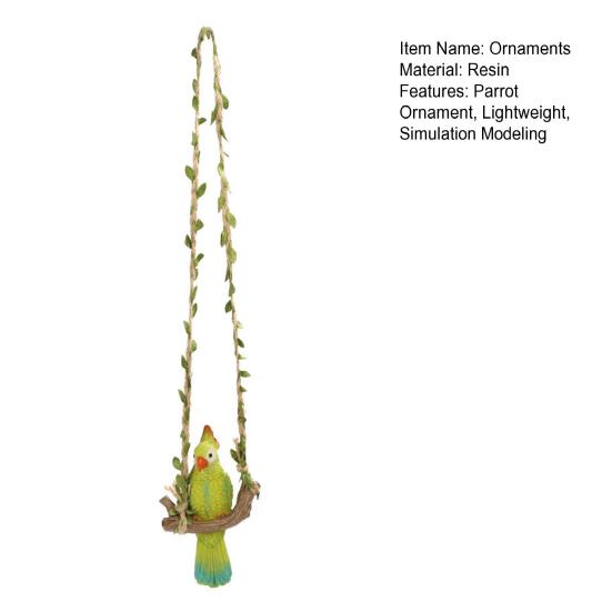 Parrot with Swing Ornaments Waterproof Resin Hanging Decoration Hemp Rope Simulated Green Leaf Design Lifelike Ornament for Balcony Courtyard