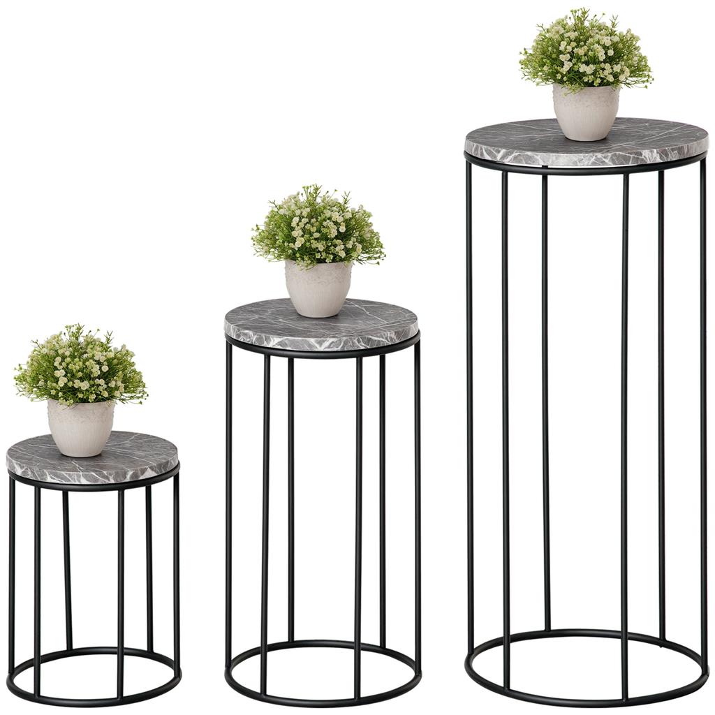 Flower Stand 3-Piece Set Made of Metal Plant Stand Set in Marble Look Flower Stool Flower Pot Holder Stackable Plant Stool for Flower Pot Black+Grey