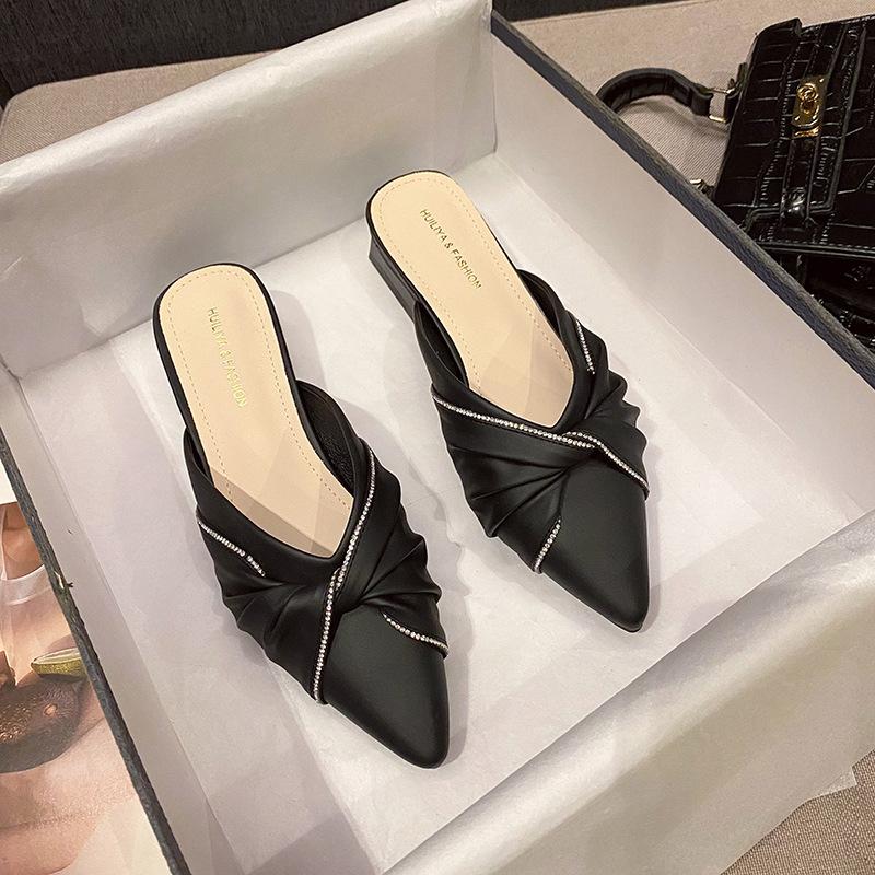 Cool Slippers Women's Spring and Summer Medium Heel Thick Heel Bag Head Single Shoes Pointed Half Slippers Women's Outer Shoes 6011-3 Comfortable