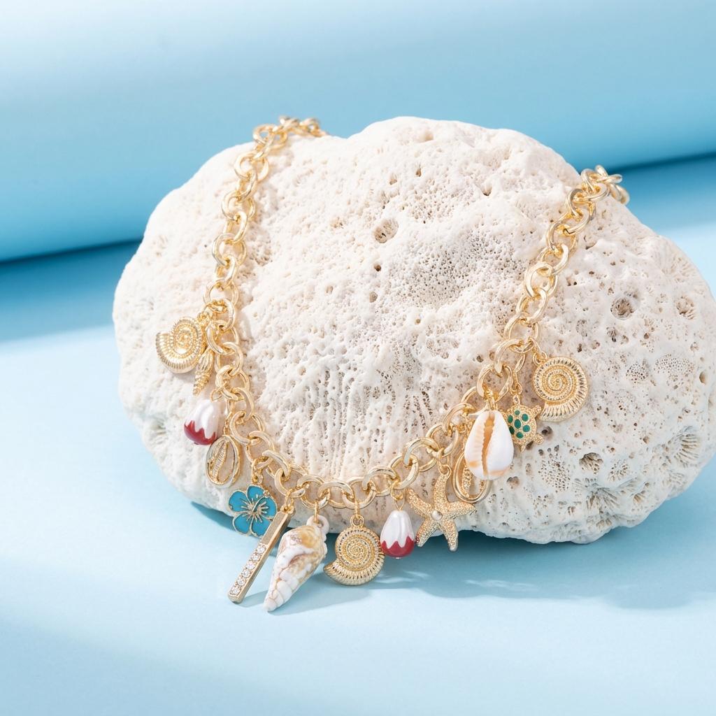 Kadınlar için Bohem Deniz Yıldızı Kabuk Salyangoz Kaplumbağa Kolye Ucu Punk Kalın Zincir Çiçek Choker Charm Yaz Tatili Takıları