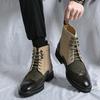 Men's Retro Green Leather High-Top Martin Boots with Pointed Toe