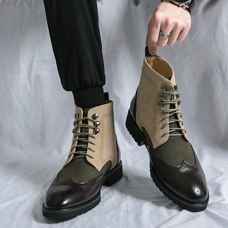 Men's Retro Green Leather High-Top Martin Boots with Pointed Toe