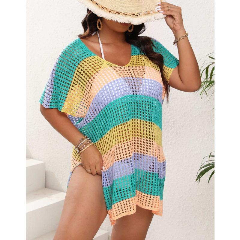 Plus Size Women's Holiday Smock Color Splicing Mixed Color Stripes Hollow Woven Dress