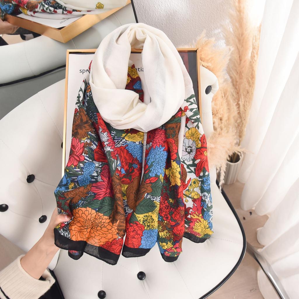 Spring and Summer Fashion Temperament Imitation Cotton and Linen Color-blocking Floral Shawl High-end Korean Version Elegant Simple Exterior