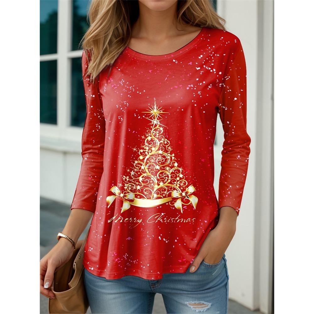 Damen T-Shirt 3D-Druck Weihnachtsstil Grafik Langarm Lustig Rundhalsausschnitt Normale Passform Frühling/Herbst Dünner Stil Sweatshirt