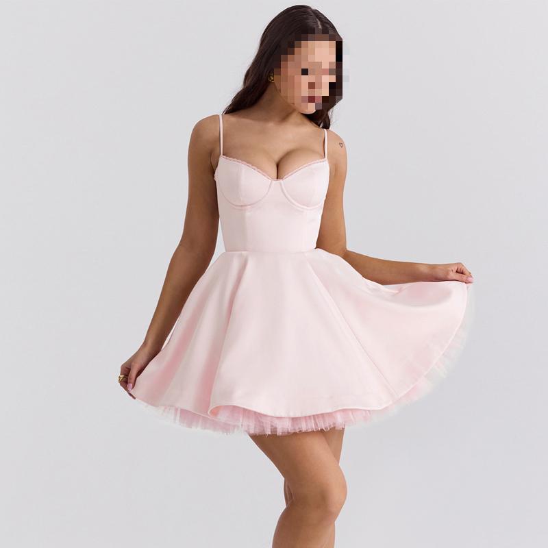 European and American Satin Mesh Lace Patchwork Sexy Waist Cinching Suspender Dress