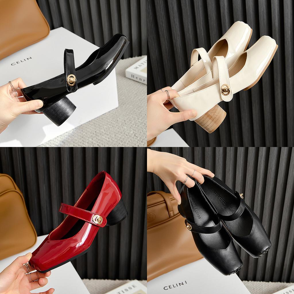 Red Mary Jane Shoes Women's High-heeled Thick-heeled Leather Shoes Spring 2025 New One-button Small Leather Shoes