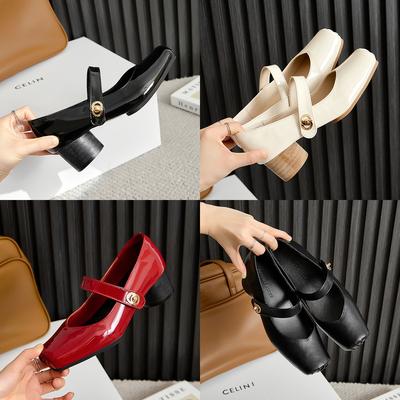 High-heeled Lizhen Shoes Women's Genuine Leather Single Shoes Thick Heel Spring 2025 New Light-mouth Shoes One-word Buckle Small Leather Shoes
