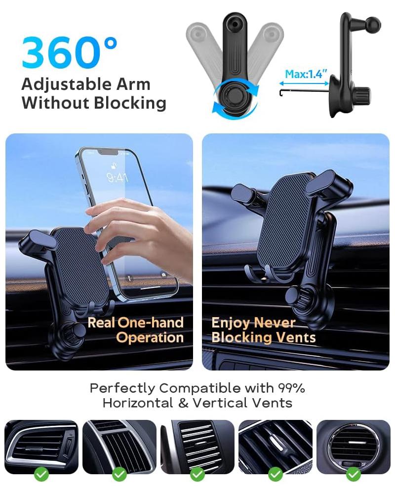 Soporte para Teléfono de Coche con Gravedad | Soporte con Pinza para Rejilla de Ventilación Giratorio 360° | Soporte Universal de Agarre Automático | para Todos los Smartphones y Coches