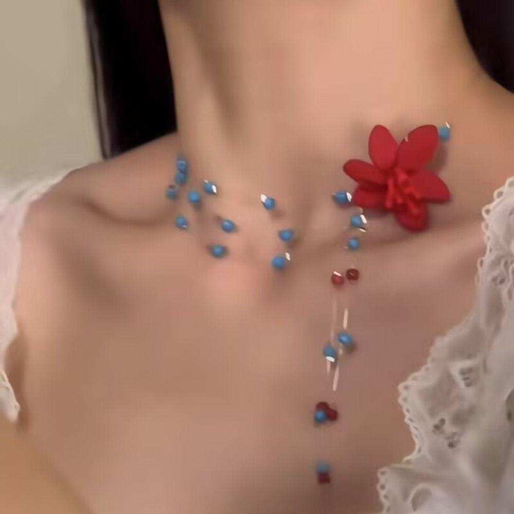 Contrasting Color Collarbone Chain High-end Women's Necklace Elegant Beaded Flower Necklace  Women