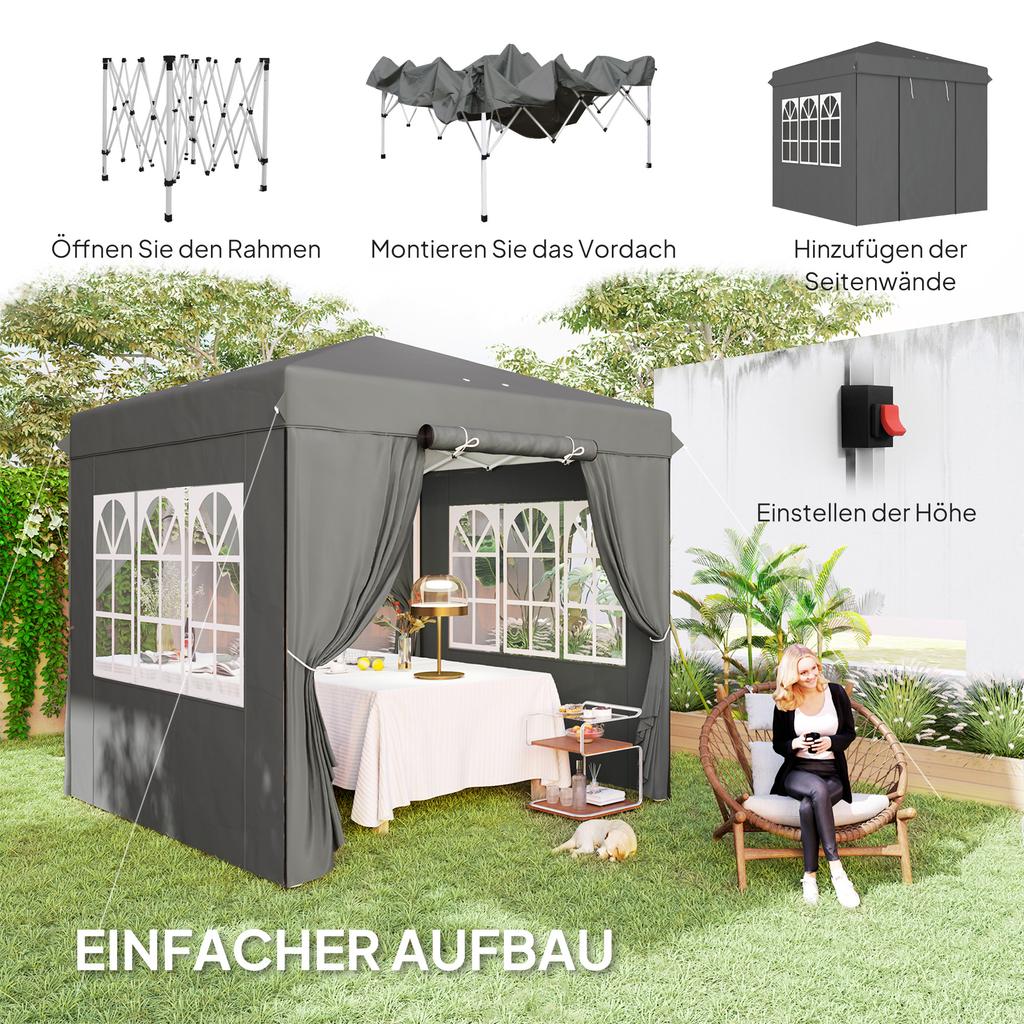 Gazebo Pop-Up 2,5 x 2,5 m con Pareti Laterali e Borsa per il Trasporto, Tenda da Giardino UPF50+ Regolabile in Altezza, Grigio Scuro
